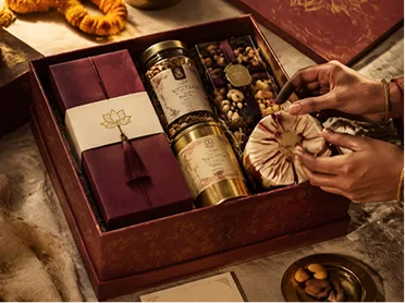 Luxury festive hamper with artisanal gifts and satin ribbon