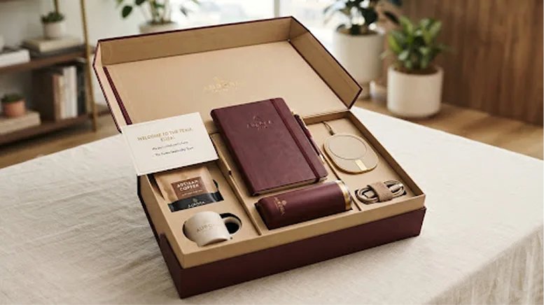 Curated employee onboarding kit with notebook, apparel and welcome gifts